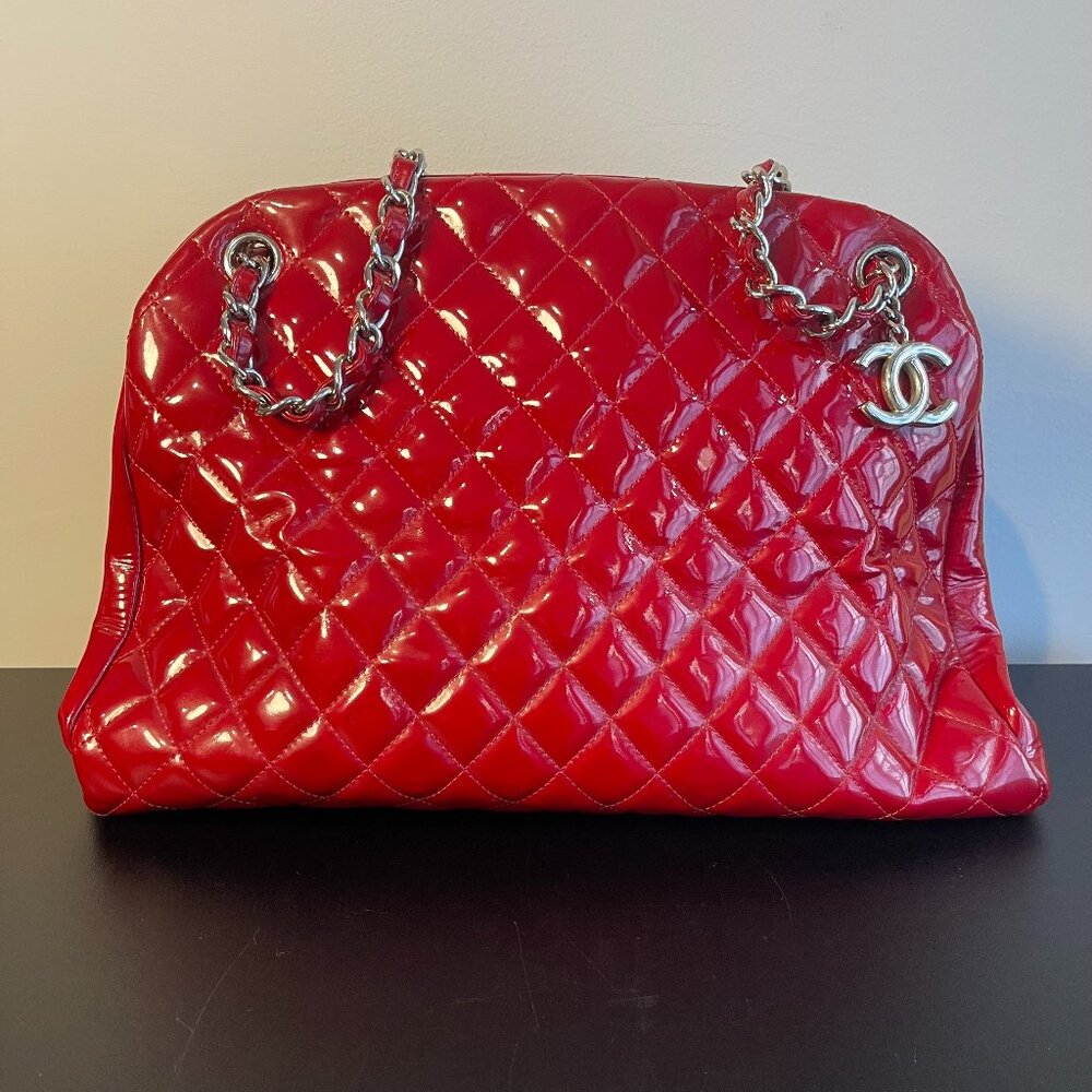 Chanel Large Just Mademoiselle Bowling Bag Red Patent Calfskin Leather, Preowned